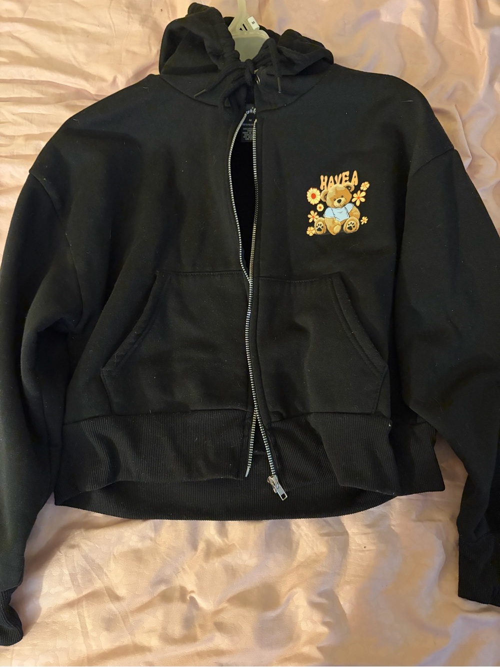 Womans Black Zip-Up Hoodie with Bear & Flower Embroidery